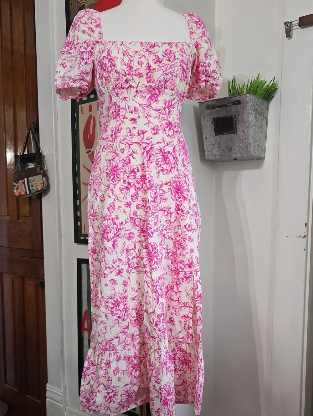 Pink Toile Linen Prairie Floral Puff-Sleeve Midi Dress